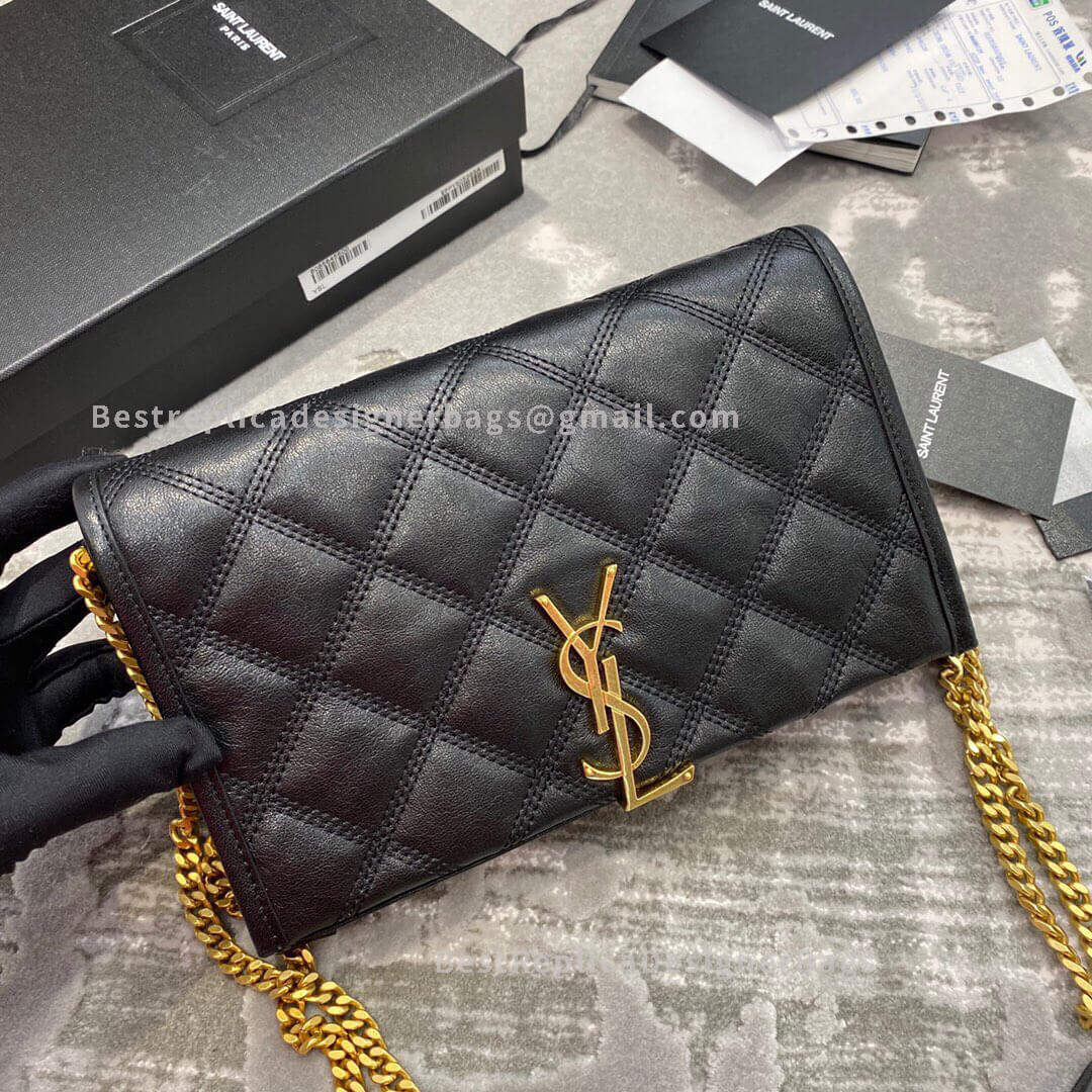 Saint Laurent Becky Chain Wallet In Diamond-Quilted Lambskin Black GHW 585031